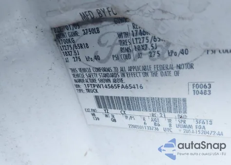 2005 Ford F-150 Fx4/Lariat/Xlt from USA, damaged, VIN 1FTPW14565FA65416